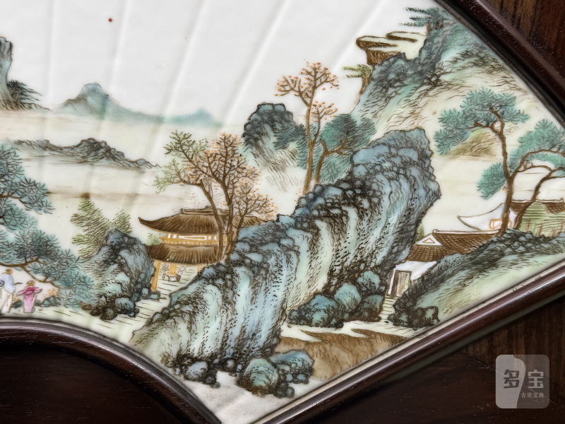 民国 程意亭粉彩青绿山水图扇形瓷板一套（四幅） - 图15